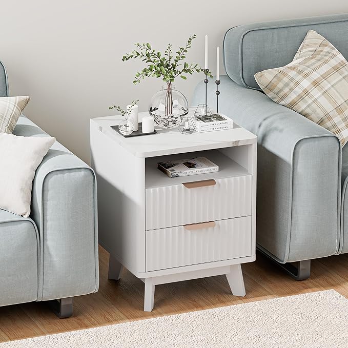 Fluted White Nightstand Set of 2, 18" Modern Bed Night Stand with Faux Marble Top, 2 Drawers, Open Storage Shelf, Living Room End Table, Curved Edge Bedside Table for Bedroom