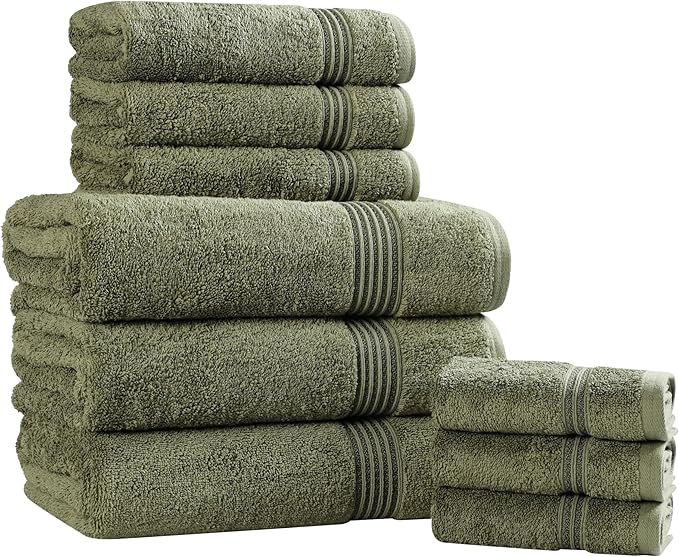 Superior Egyptian Cotton 9-Piece Towel Set, Assorted Towels, Home Bathroom, Master, Guest Bath, Decor Essentials, Includes 3 Bath, 3 Hand, 3 Face Towels/Washcloths, Quick Dry, Absorbent, Forest Green