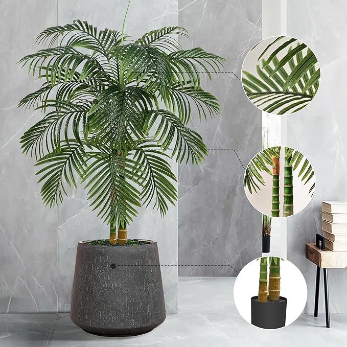 Artificial Golden Cane Palm Tree 5FT, Fake Palm Tree with Three Realistic Trunks and Lifelike Palm Leaves, Faux Palm Plant for Indoor Home Décor with Black Planter