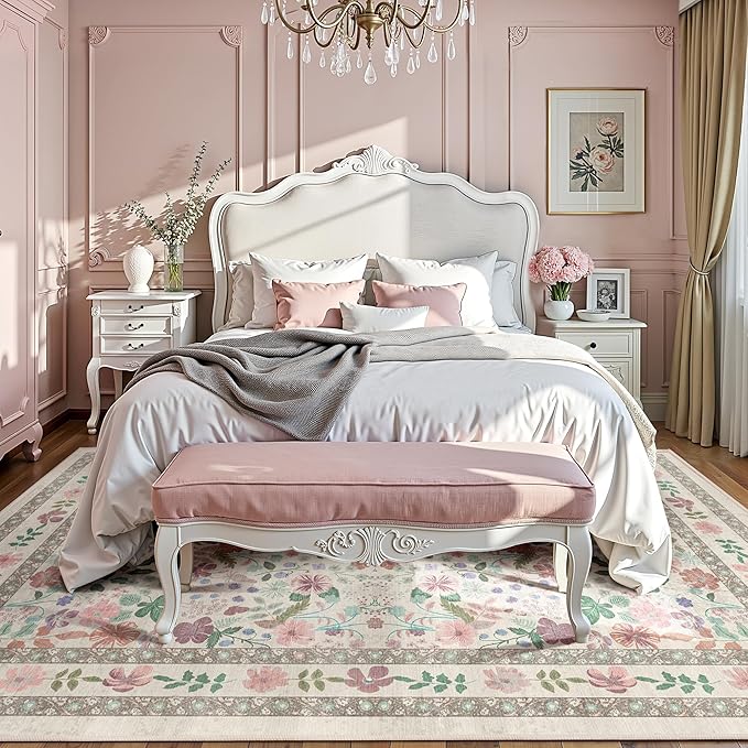 Deerly Floral Rug 5x8 Vintage Boho Washable Non-Slip Living Room Carpet Soft Low Pile Thin Bedroom Floor Mat Indoor Home Decor for Dining Room Playroom Nursery Farmhouse, Beige/Light Pink/Multi
