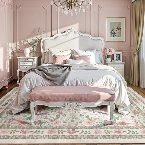 Deerly Floral Rug 5x8 Vintage Boho Washable Non-Slip Living Room Carpet Soft Low Pile Thin Bedroom Floor Mat Indoor Home Decor for Dining Room Playroom Nursery Farmhouse, Beige/Light Pink/Multi