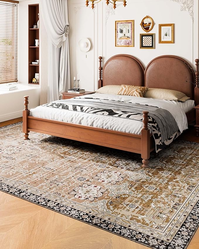 VEVOR 9 x 12 ft Area Rug Large Washable Rug Non-Slip and Tear-Resistant Soft Carpet Pet & Child Friendly Vintage Area Rugs Indoor Mat for Bedroom Living Room Kids Room Office Brown Green
