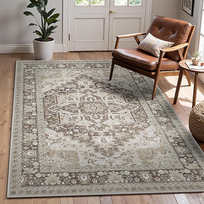 GENIMO 8X10 Area Rugs for Living Room, Machine Washable Vintage Floor Cover Foldable Modern Non Slip Rug, Low Pile Soft Indoor Carpet Floral Print Mat Rug,Bedroom/Dining Room/Home Office,Taupe