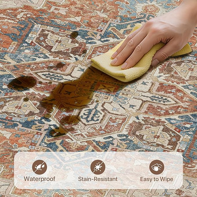 GENIMO 8X10 Area Rugs for Living Room, Machine Washable Vintage Floor Cover Foldable Modern Non Slip Rug, Low Pile Soft Indoor Carpet Floral Print Mat Rug,Bedroom/Dining Room/Home Office,Terracotta