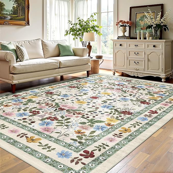 Deerly Floral Area Rugs 5x7 Vintage Boho Washable Non-Slip Living Room Carpet Soft Low Pile Colorful Thin Bedroom Floor Mat Indoor for Dining Room Playroom Nursery Farmhouse, Beige/Green/Multi