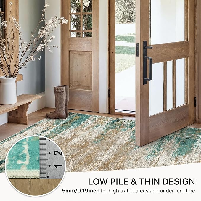 GENIMO Washable Rug-6x9 Area Rugs Lightweight Foldable, Modern Pet Friendly Low Pile Carpet for Living Room, Bedroom, Playroom, Emerald Ripples