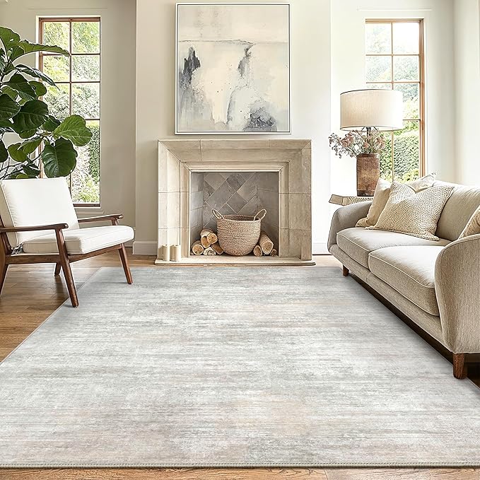 GENIMO Washable Area Rugs for Living Room Bedroom, 8X10 Modern Abstract Non Slip Rug, Low Pile Soft Contemporary Indoor Floor Carpet Cover for Dinning Room Kitchen, White/Grey