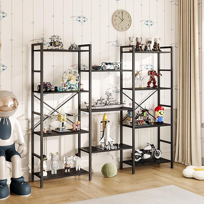 Triple 4 Tier Book Shelf, Modern Bookcase Shelf, Freestanding Large Display Shelves for Living Room/Office/Garage, Stable Large Bookshelf with Storage for Books/Lego/Plants, Black