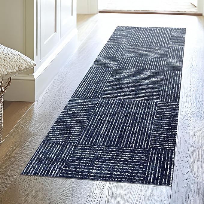 Canvas Washable Runner Rug with Rubber Backing, Indoor Mat for Hallway, Navy Blue, 27.5" x 75"