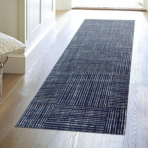 Canvas Washable Runner Rug with Rubber Backing, Indoor Mat for Hallway, Navy Blue, 27.5" x 75"