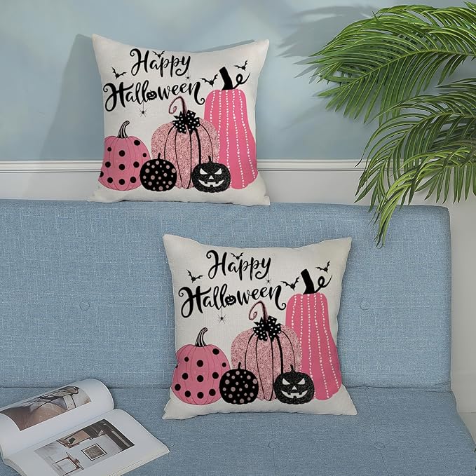 Halloween Pillow Covers 18x18 inches Set of 2 Pink Black Pumpkin Decorative Farmhouse Throw Pillow Covers Outdoor Happy Halloween Decor Farmhouse Linen Cushion Case for Home Sofa Decoration