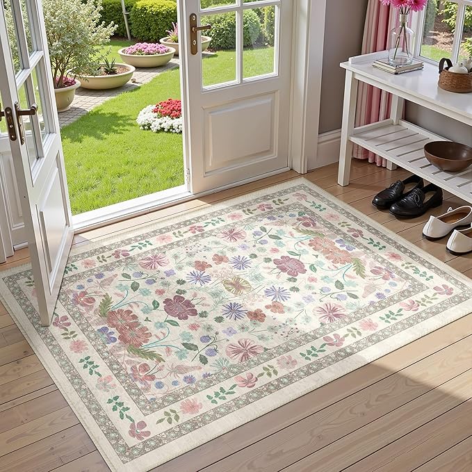Deerly Floral Rugs for Entryway 2x3 Washable Small Vintage Boho Bathroom Door Mat Non-Slip Soft Low Pile Thin Indoor Carpet for Kitchen Entrance Farmhouse Throw Rug, Beige/Light Pink/Multi