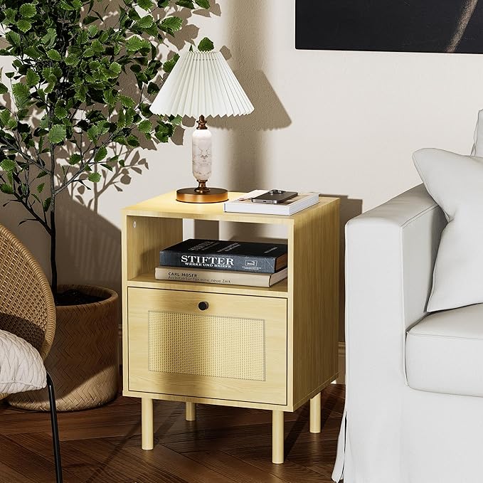 Rattan Nightstand with Storage Boho Modern Farmhouse Bedside Table with Drawer & Open Shelf Light Wood End Table for Bedroom, Living Room, Office, Dorm - Natural Walnut 0ak Color