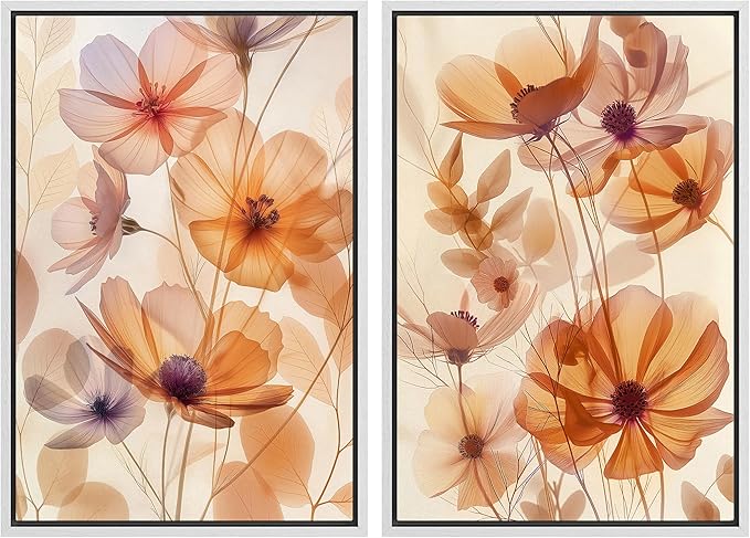 MUDECOR Framed Canvas Print Wall Art Orange Purple Wildflower Botanical Illustrations Modern Art Decorative Bohemian Colorful Chic for Living Room, Bedroom, Office - 16"x24"x2 WHITE