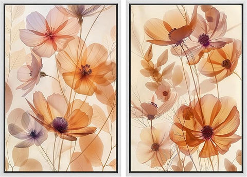 MUDECOR Framed Canvas Print Wall Art Orange Purple Wildflower Botanical Illustrations Modern Art Decorative Bohemian Colorful Chic for Living Room, Bedroom, Office - 16"x24"x2 WHITE