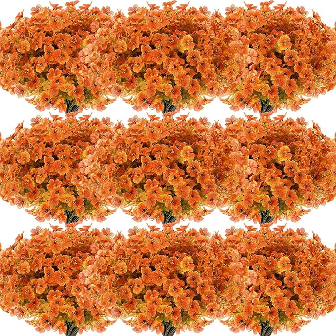 Zeyune 56 Bundles Fall Artificial Flowers Outdoors Fake Autumn Orange Plastic Plants Faux UV Resistant Shrubs Greenery for Thanksgiving Outdoor Indoor Garden Porch Window Box Hanging Decor