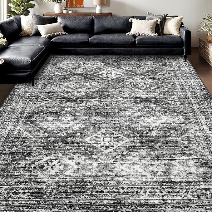 MIULEE 8x10 Vintage Washable Area Rugs Living Room Rug Low Pile Boho Farmhouse Floor Mat for Bedroom Dining Room Under Kitchen Table, Non-Slip Stain Resistant Soft Large Carpet for Home Decor, Black