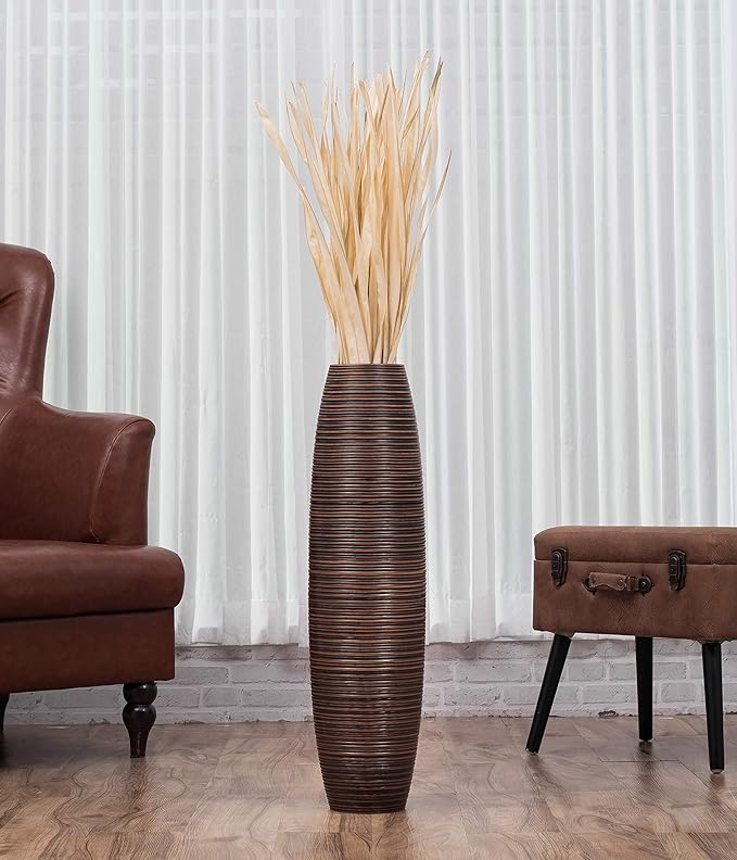 Leewadee Large Brown Home Decor Floor Vase – Wooden 26 inches Tall Farmhouse Decor Flower Holder for Fake Plant and Pampas Grass