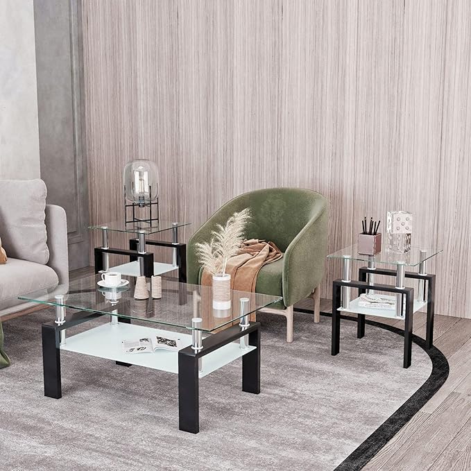 IANIYA 3 Piece Living Room Table Set, Modern Tempered Glass Coffee Table Set, Glass Coffee Table Black Metal Frame End Table for Living Room Apartment Small Space, Clear
