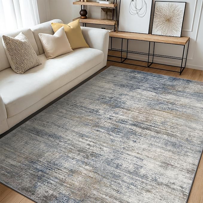 GENIMO Washable Area Rugs for Living Room Bedroom, 5X7 Modern Abstract Non Slip Rug, Low Pile Soft Contemporary Indoor Floor Carpet Cover for Dinning Room Kitchen, Denim Blue Gray