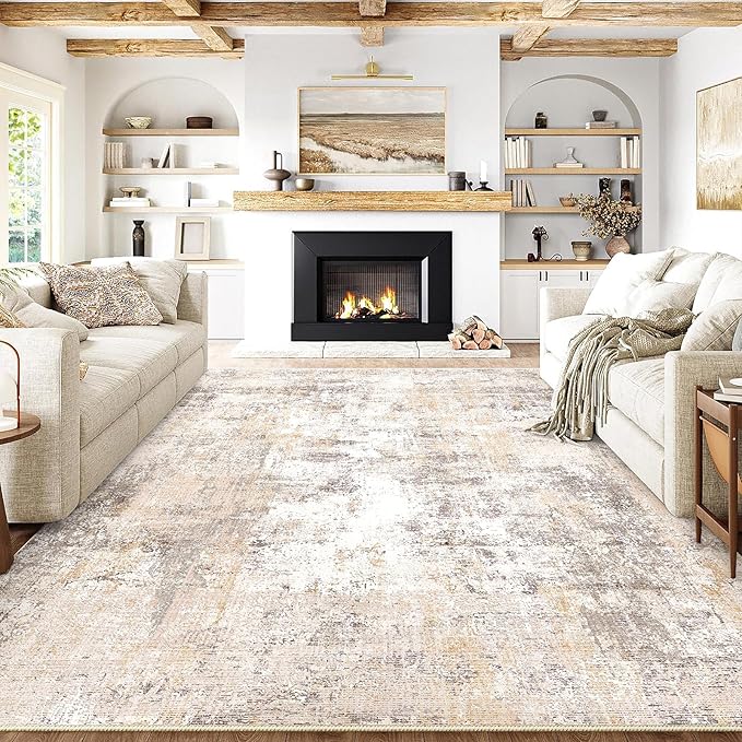 10x12 Washable Area Rug Beige Grey Neutral Abstract Living Room Bedroom Large Throw Rug Non Slip Soft Low Pile Indoor Floor Carpet for Dining Room Kitchen Office Entryway
