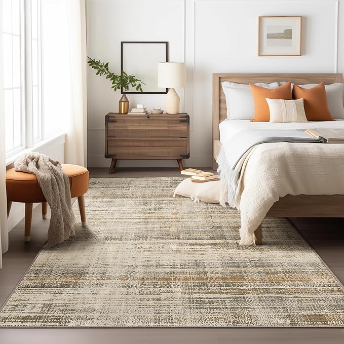 GENIMO 8x10 Washable Area Rug – Modern Abstract Non-Slip Low Pile Contemporary Indoor Floor Carpet for Living Room, Bedroom, Dining Room, Kitchen, Office, Brown