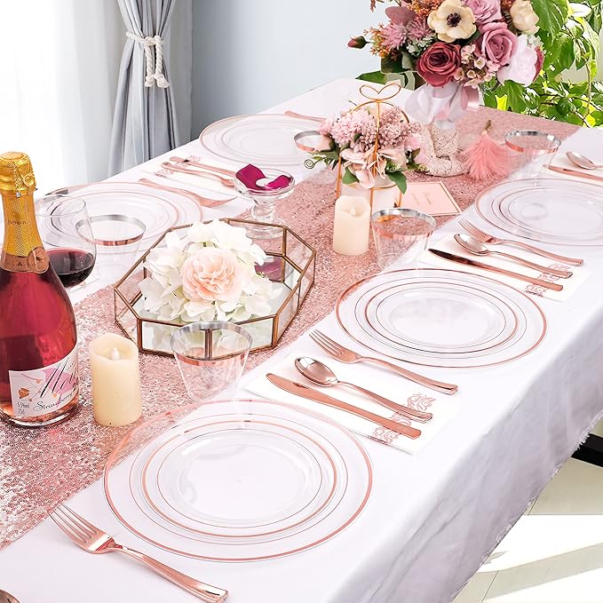 DaYammi 350Pcs Rose Gold Dinnerware Set Include: 50 Dinner Plates 10.25’’,50 Dessert Plates 7.5’’,50 Rose Gold Cutlery,50 Disposable Cups 9 OZ with 50 Napkins for Party