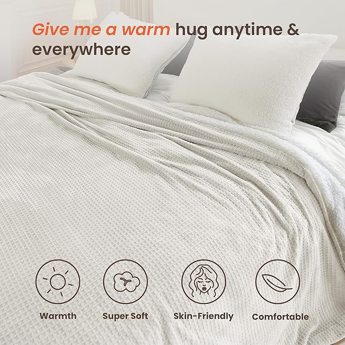 Heated Blanket Electric Blanket Queen Waffle, 84x90 Inches Dual Controllers Sherpa Fleece Fast Heating Blanket 6 Heating Levels & 10 Hours Auto Off ETL Certification,Beige Queen