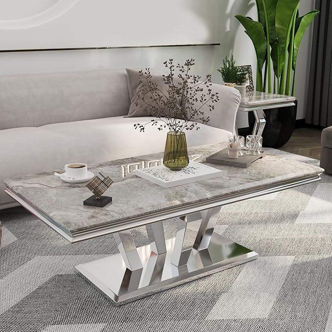 ACEDÉCOR Coffee Table, Silver Coffee Table with Four Geometric Mirror Bases, Rectangular CoffeeTable with Sturdy Metal Frame,48 inches Modern Coffee Table for Living Room, Office, Reception Room