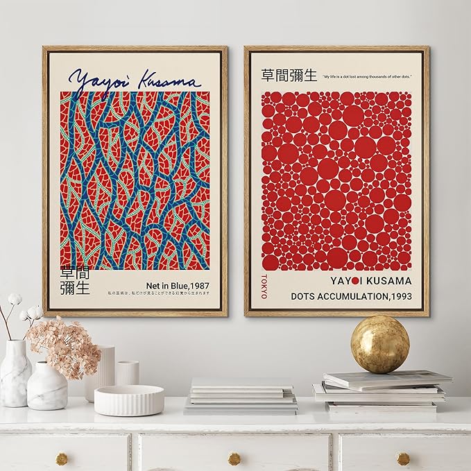 MUDECOR Framed Canvas Print Wall Art Blue Red Dots by Yayoi Kusama Japanese Nature Illustration Modern Art Decorative Multicolor Geometric Minimal for Bedroom - 24"x36"x2 Natural