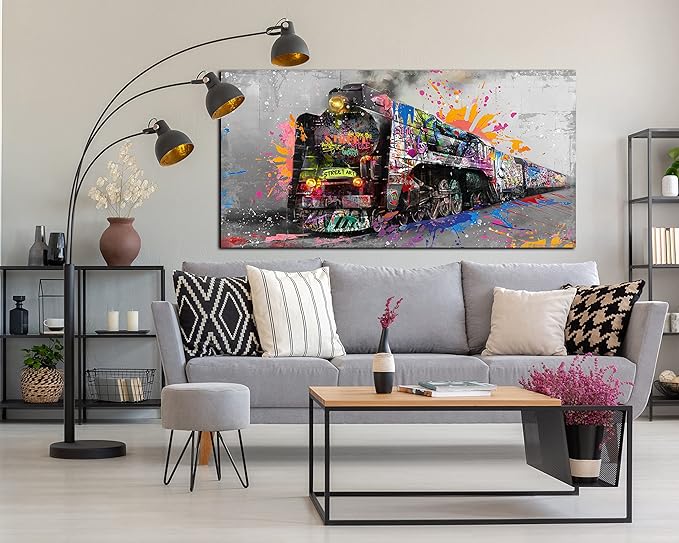 Graffiti Canvas Wall-Art for Living Room Large Size - Wall Art for Teen Boys Bedroom - Train Poster Wall Decor Ready to Hang Size 59" x 29"