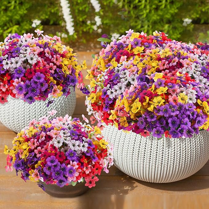 Zeyune 56 Bundles Artificial Flowers Fake UV Resistant for Outdoor Plastic Greenery Shrubs Plants No Fade Faux Flower for Garden Porch Patio Window Wedding Party Decor(6 Mixed Colors,Bright)