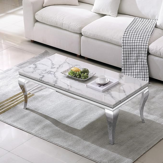 SSLine Rectangular Faux Marble Coffee Table for Living Room Modern Luxury White Marble Center Table with Silver Curved Legs 46.8" Mid-Century Cocktail Table with Mirrored Stainless Steel Frame