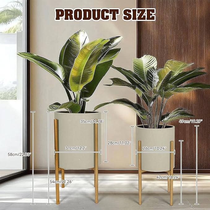 Oakrain Plants Pots with Stand, Set of 2 Planters for Indoor Plants, Modern Decorative Metal Flower Pots for Living Room, Garden, Balcony, 10"&12", Cement Gray Frosted