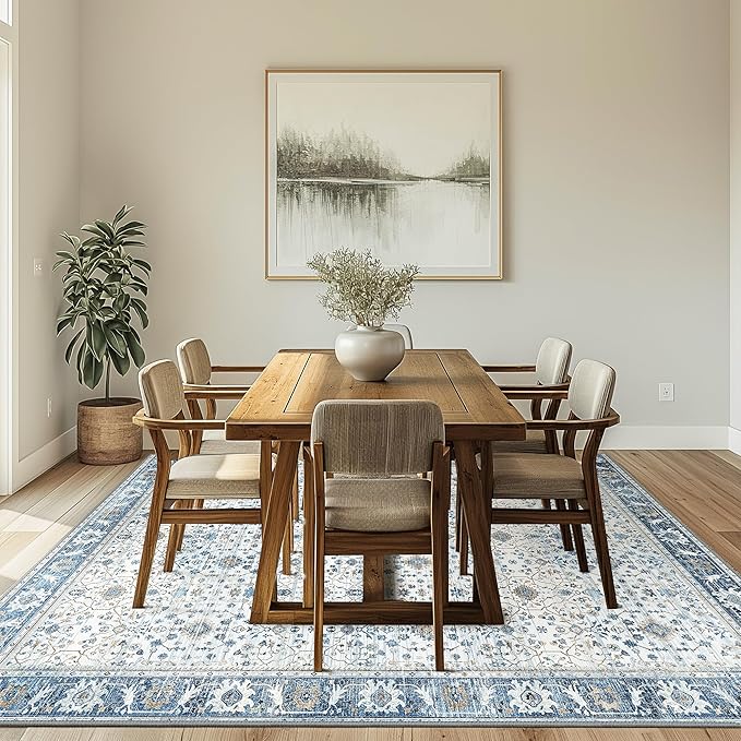 GENIMO Washable Area Rugs for Living Room Bedroom, 8x10 Boho Vintage Non Slip Rug, Low Pile Soft Floral Indoor Floor Carpet Cover for Dining Room Kitchen, Retro Light Blue