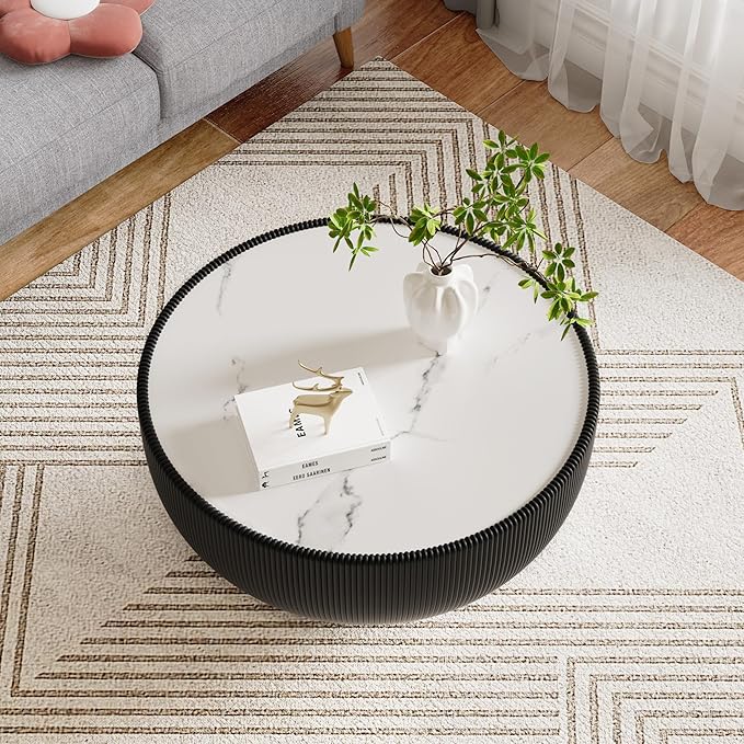 29.53" Round Coffee Table Luxury Cup Shape Leather Coffee Tables, Circle Sofa Couch Table PU Leather, Modern White Marble Top Drum Bowl Living Room Tables for Living Room Bedroom Apartment