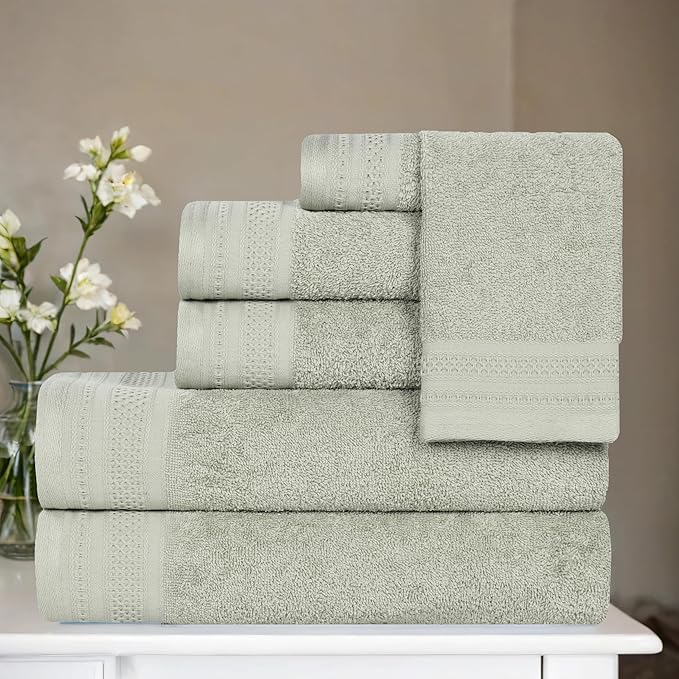 Superior Honeycomb Cotton Medium Weight Towels, for Guest Bath, Master Bathroom, Shower, Quick Dry, Adults, Home Essentials, Textured Waffle Border, Assorted Towel Set, 6 Piece Towel Set, Sage