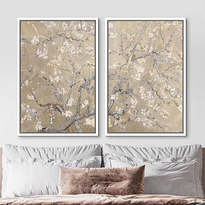 MUDECOR Framed Canvas Print Wall Art Blossoming Almond Tree Elegant Floral Illustrations Modern Art Decorative Bohemian Calm/Zen for Living Room, Bedroom, Office - 24"x36"x2 White