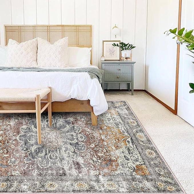 Area Rug 8x10 Washable Rug Taupe Vintage Traditional Mat Distressed Indoor Foldable Thin Retro Accent Rug Floral Print Non Slip Carpet Living Room Dining Room Office