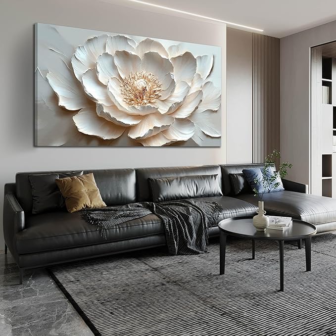 White Flower Wall Art for Living Room - Large Modern Wall Art Bedroom - Floral Bedroom Wall Decor for Teen Girls Size 29" x 59"