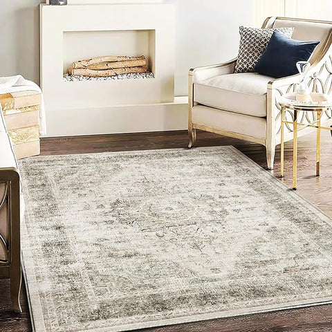 Washable Area Rug 4'x6' Floral Khaki Traditional Floor Cover Foldable Thin Rugs Retro Kitchen Indoor Distressed Non Slip Carpet Floral Print Mat Bedroom Living Room