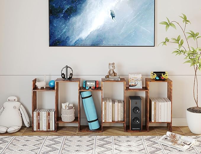 Yusong Geometric Bookcase, Bookshelf 6-Tier S Shaped Book Shelves for Bedroom, Modern Wood Decorative Display Shelf Tall Book Case for Home Office, Rustic Brown
