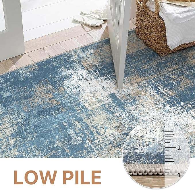 GENIMO Washable Area Rugs for Living Room Bedroom, 8x10 Modern Abstract Non Slip Rug, Low Pile Soft Contemporary Indoor Floor Carpet Cover for Dining Room Kitchen, Mist Blue