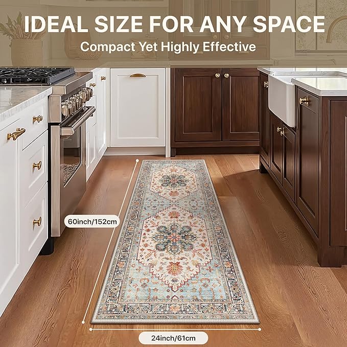 GENIMO 2X5 Runner Rugs for Entryway,Machine Washable Vintage Floor Cover Foldable Modern Non Slip Rug, Low Pile Soft Carpet Floral Print Mat for Indoor Entryway/Bathroom/Kitchen/Carpet,Sky Blue