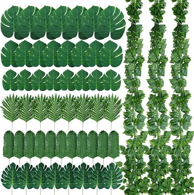 XunYee 24 Strands 165 ft Artificial Vines with Leaves Tropical Leaf Garland and 6 Style Fake Monstera Palm Leaves Decoration Faux Ivy Vines Bulk for Jungle Safari Baby Shower Plant Party Decoration