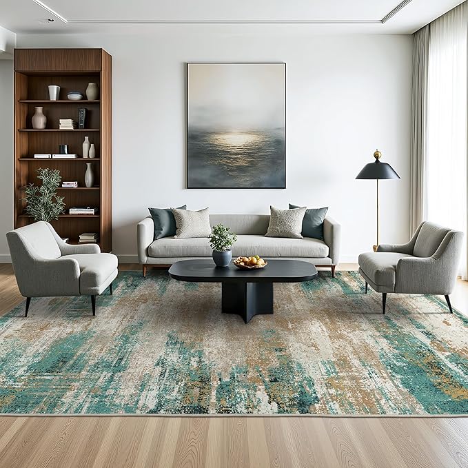 GENIMO Washable Rug-6x9 Area Rugs Lightweight Foldable, Modern Pet Friendly Low Pile Carpet for Living Room, Bedroom, Playroom, Emerald Ripples