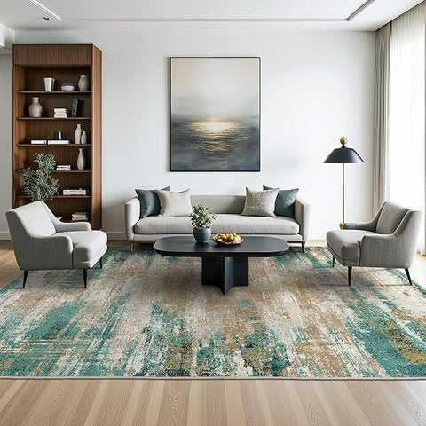 GENIMO Washable Rug-6x9 Area Rugs Lightweight Foldable, Modern Pet Friendly Low Pile Carpet for Living Room, Bedroom, Playroom, Emerald Ripples