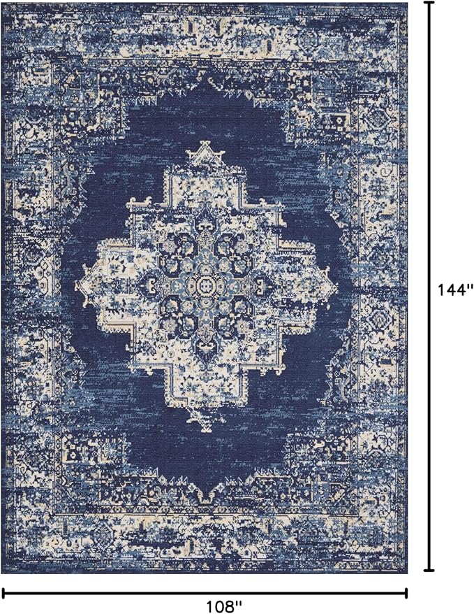 vivorug 9x12 Area Rugs for Living Room, Non Slip Machine Washable Vintage Navy Blue Rug, Ultra-Thin Lightweight Large Area Rug for Bedroom, Dining Room, Low Pile Rug