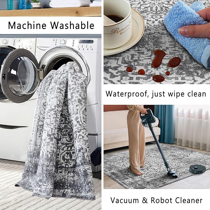 vivorug 4x6 Area Rugs, Stain Resistant Washable Rug for Living Room, Vintage-Inspired Grey Rug