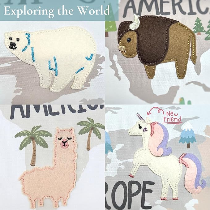 32 x 24 Inch Embroidered World Map Poster for Kids with Wood Hanger – Neutral Wall Décor for Boys and Girls Nursery, Bedroom and Playroom